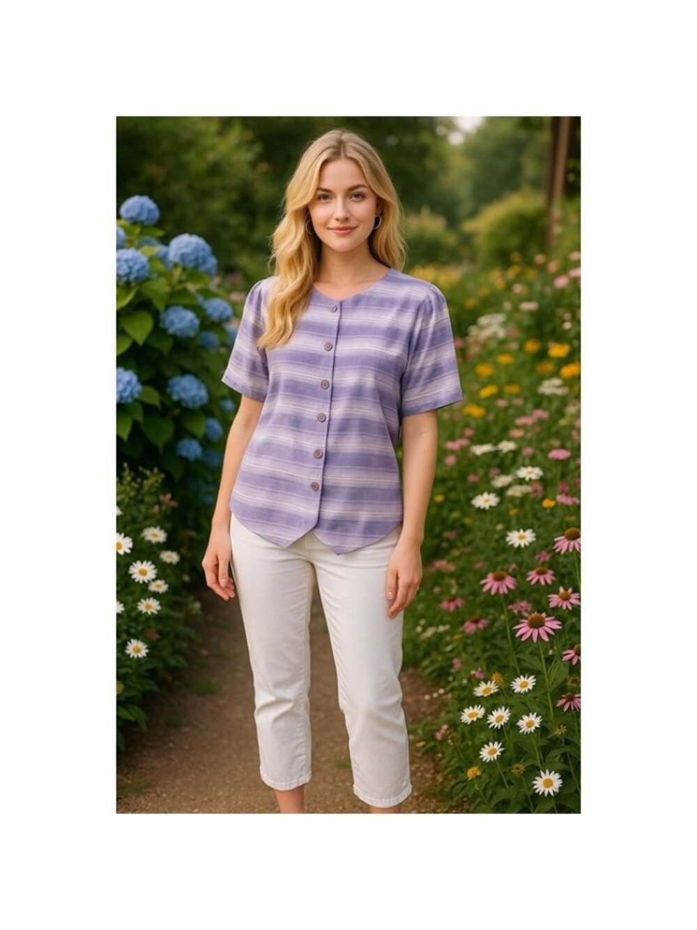 Alfred Dunner 16 Purple Striped Short Sleeve Button Front Top Boxy Fit Vintage